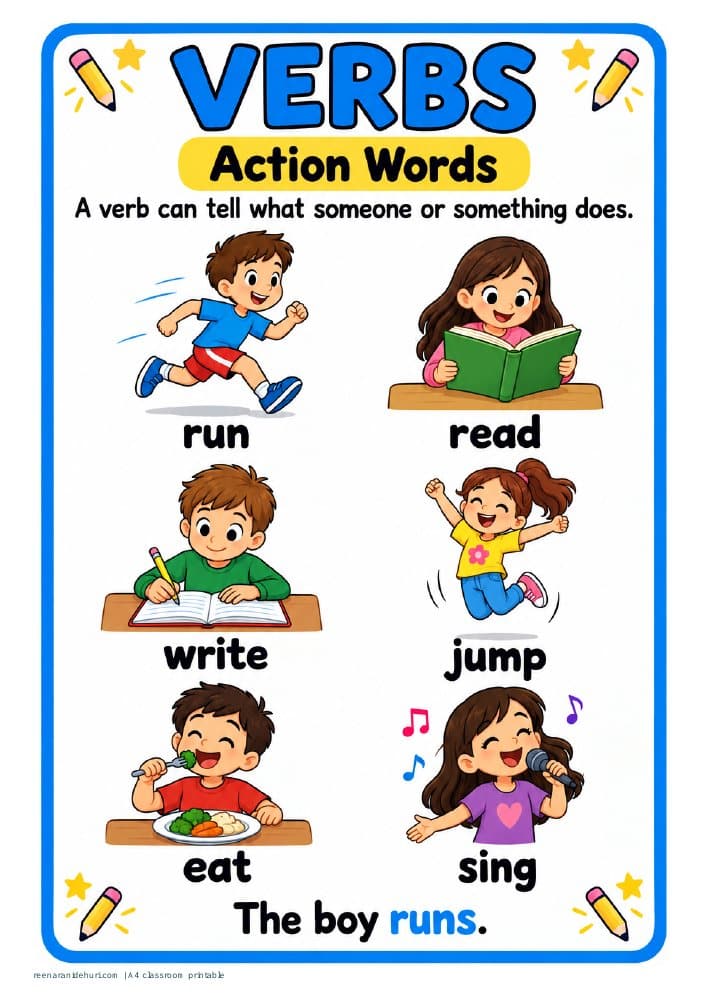 Printables Verbs: Six Action Words A4 printable preview