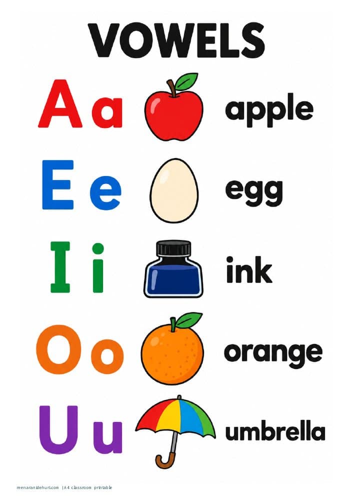 Printables Vowels: Simple Picture Chart A4 printable preview