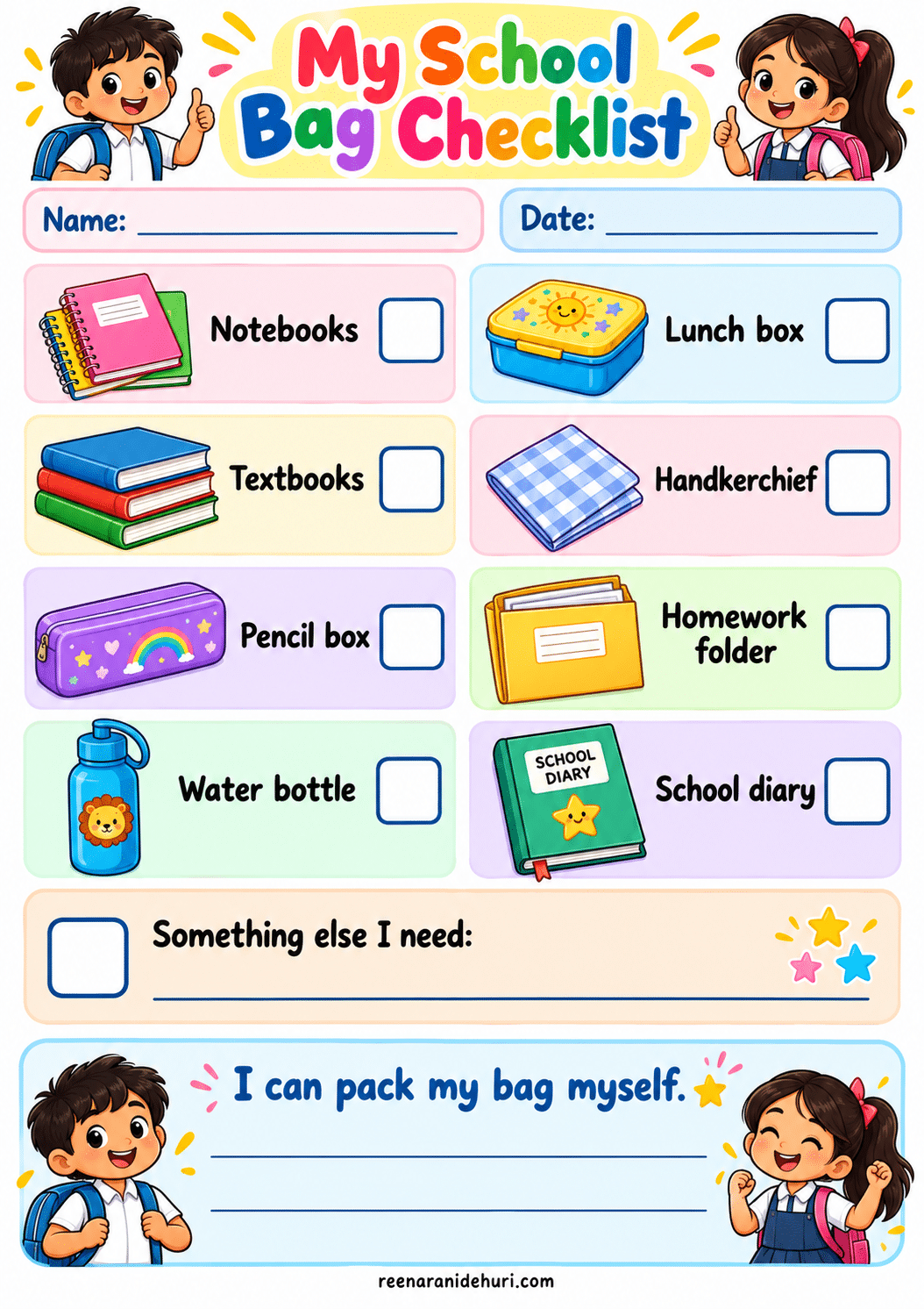 Printables My School Bag Checklist colourful A4 life skills printable for children