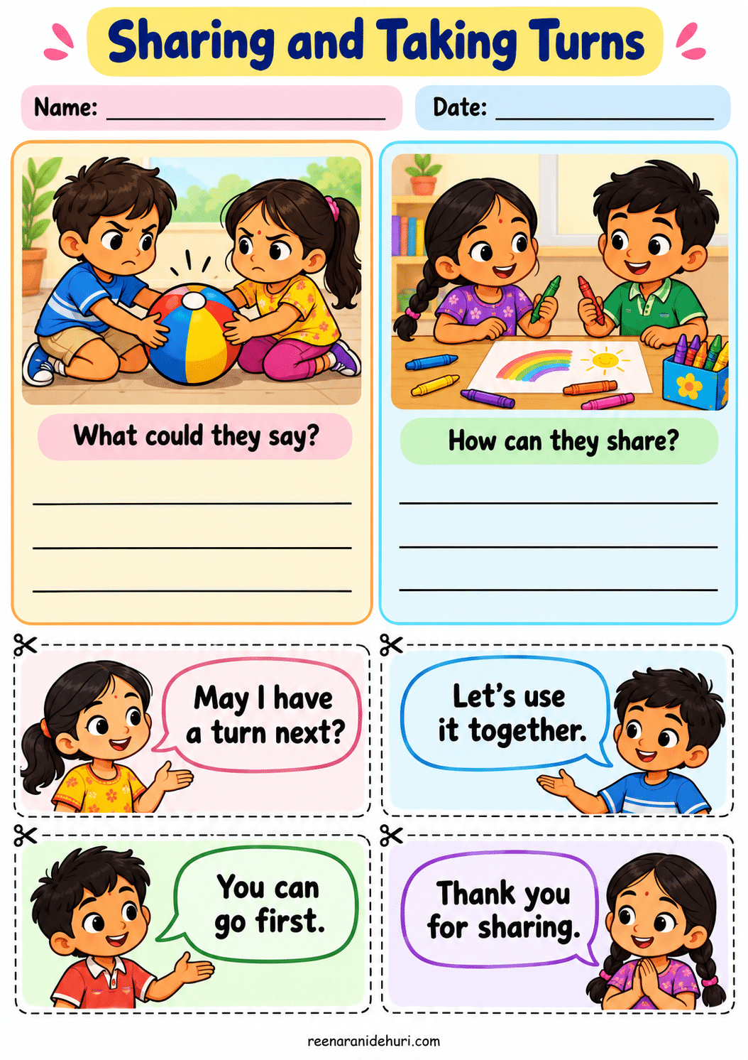 Printables Sharing and Taking Turns colourful A4 life skills printable for children