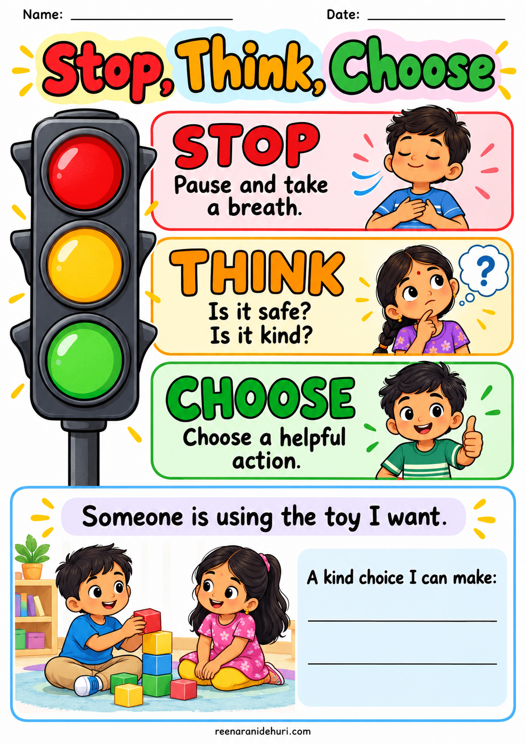 Printables Stop, Think, Choose colourful A4 life skills printable for children