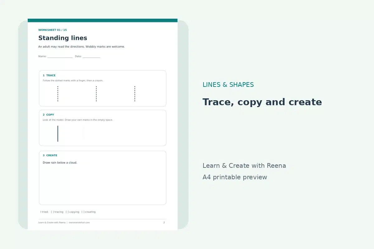 Before Letters Begin: Why Lines, Curves, and Circles Matter in Early Learning A worksheet with separate tracing, copying and creative drawing spaces.